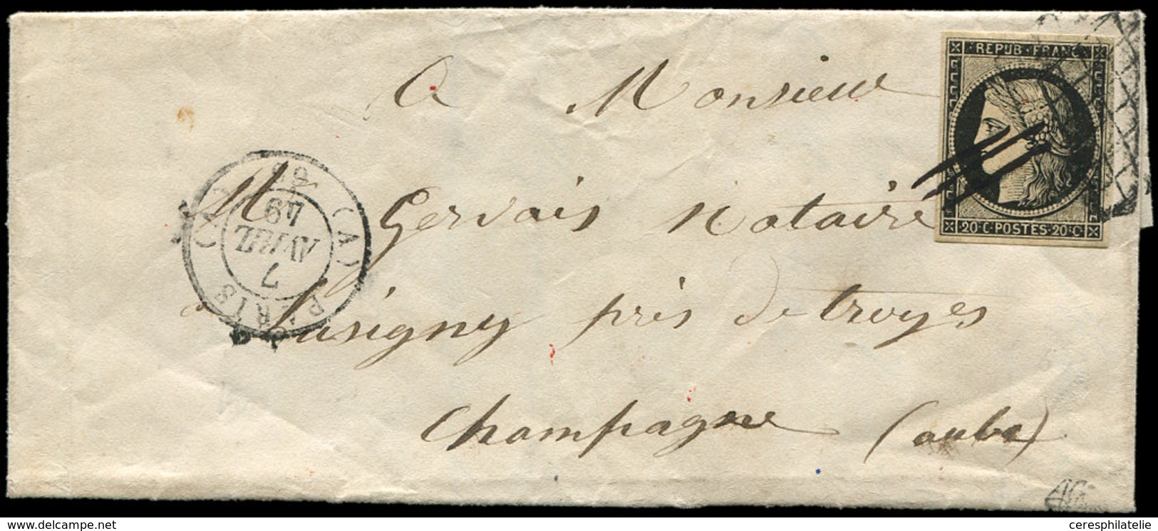 Let EMISSION DE 1849 3    20c. Noir Sur Jaune, Obl. GRILLE Et PLUME Sous Forme De 3 Griffes S. LAC, Càd (A) PARIS (A) 7/ - 1849-1850 Cérès