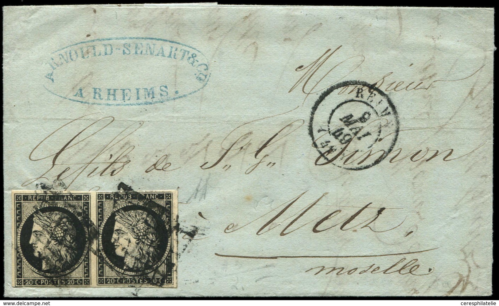 Let EMISSION DE 1849 3    20c. Noir Sur Jaune, PAIRE Obl. GRILLE S. LAC, Càd T15 REIMS 9/5/49, TB - 1849-1850 Ceres