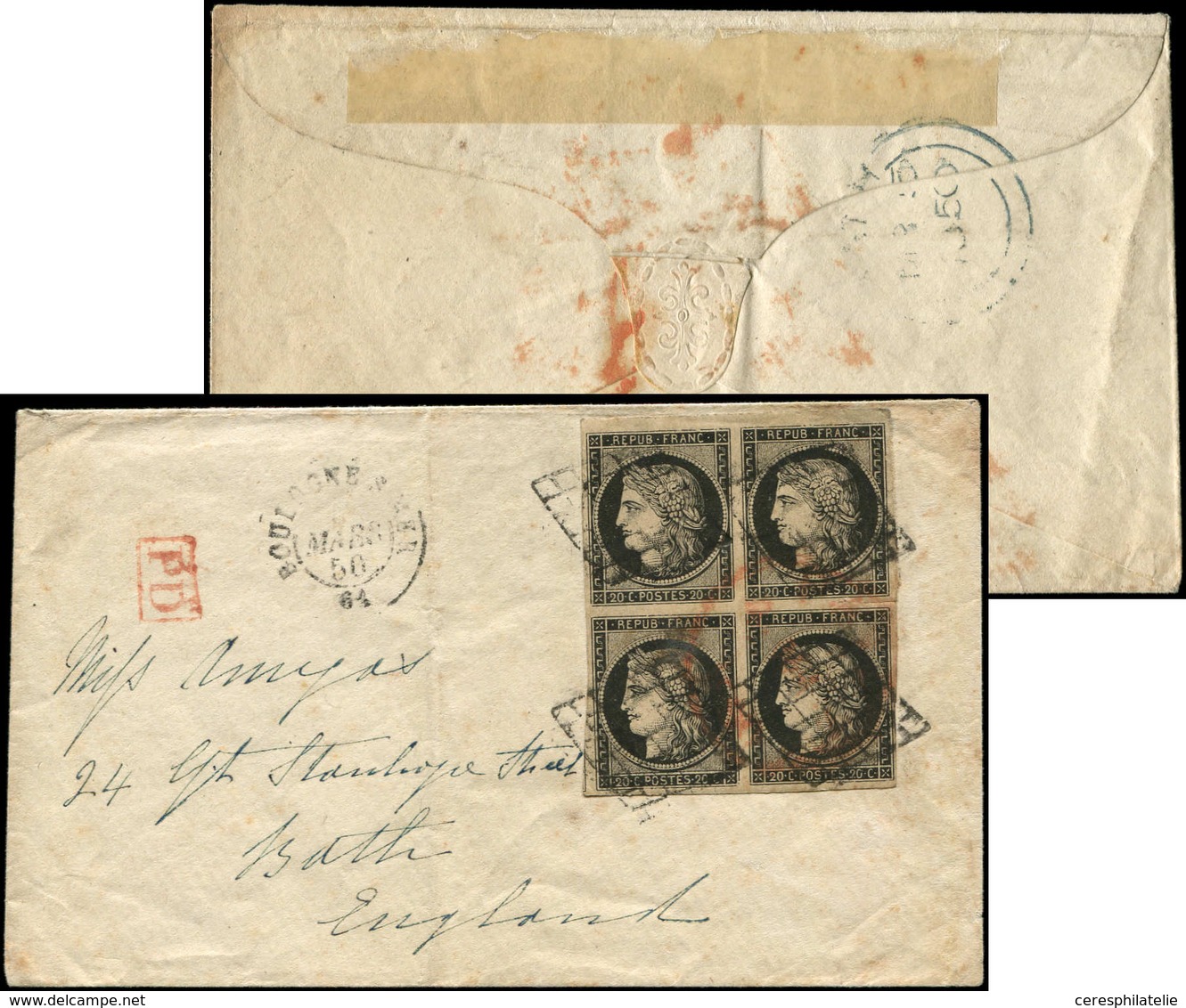 Let EMISSION DE 1849 3    20c. Noir Sur Jaune, BLOC De 4 Obl. GRILLE S. Env., Càd T15 BOULOGNE-S-MER 3/50, Arr. BATH, RR - 1849-1850 Cérès