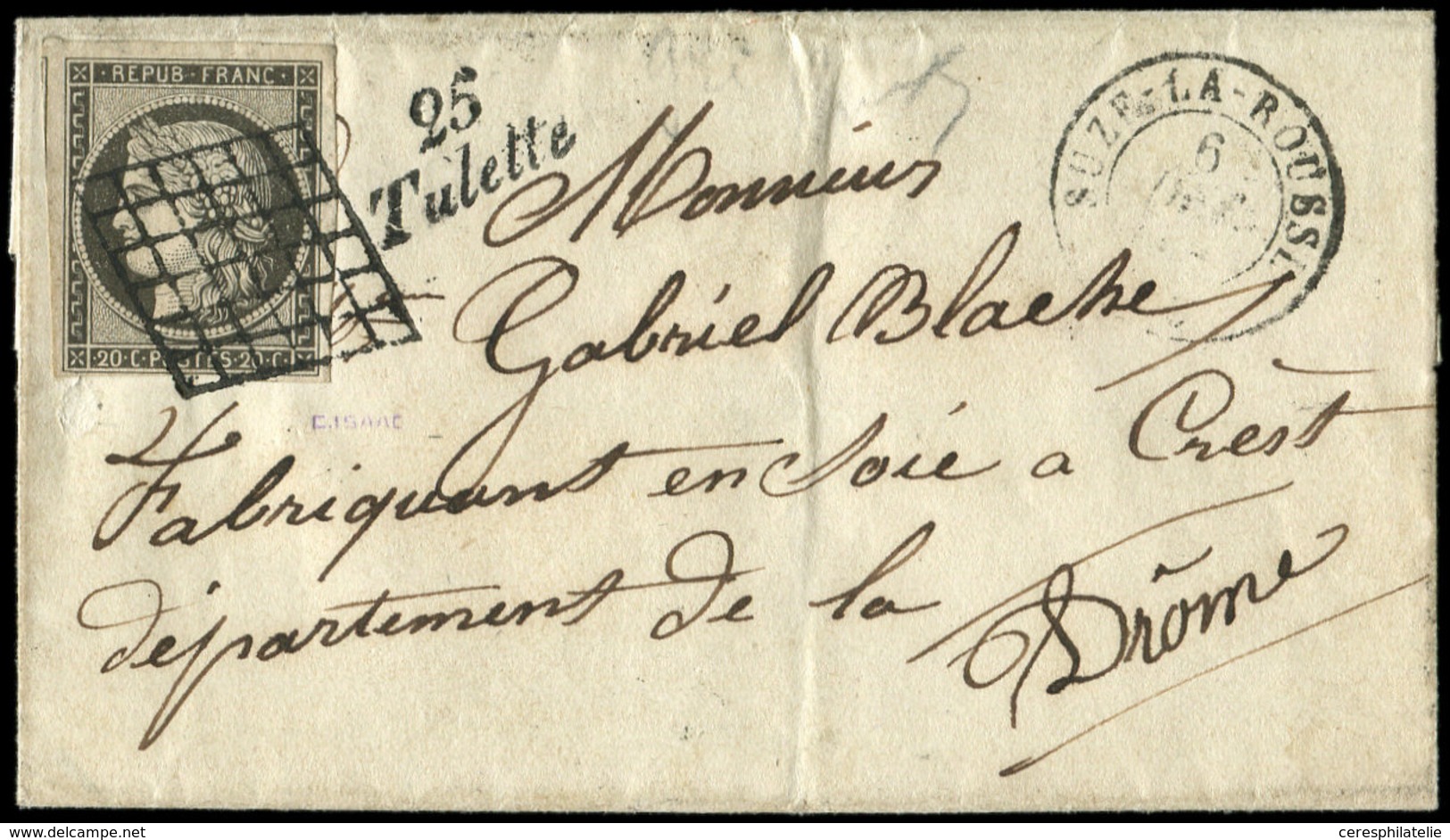 Let EMISSION DE 1849 3c   20c. GRIS NOIR, Obl. GRILLE S. LSC, Càd T15 SUZE-LA-ROUSSE 6/12/50, Cursive 25/TULETTE, TB - 1849-1850 Ceres