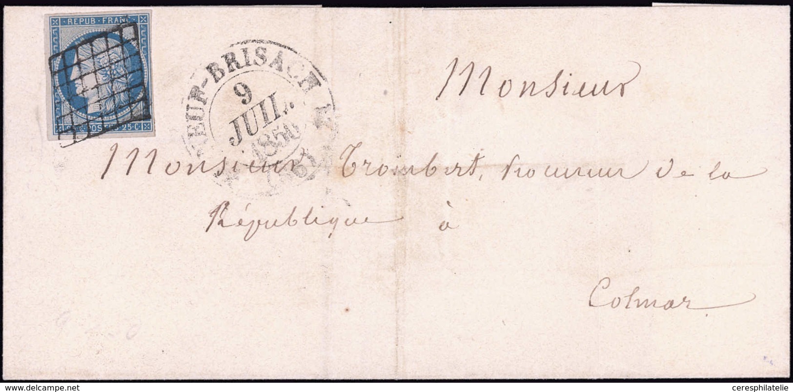 Let EMISSION DE 1849 4    25c. Bleu, Obl. GRILLE S. LSC, Càd T12 NEUF-BRISACH 9/7/50, Arr. COLMAR 9/7, TB - 1849-1850 Ceres