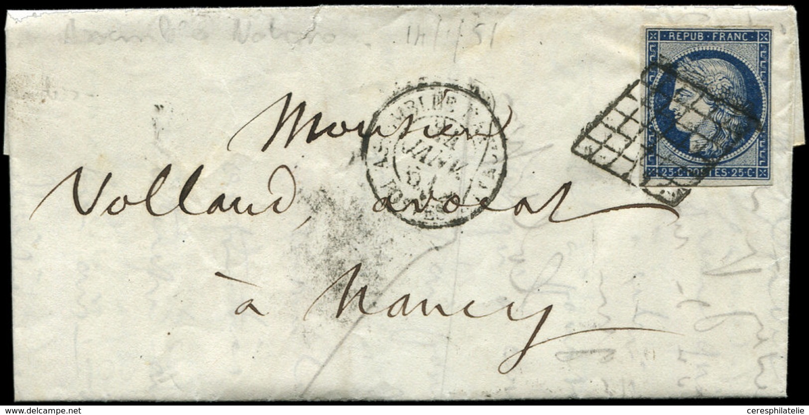 Let EMISSION DE 1849 4    25c. Bleu, Obl. GRILLE S. LAC, Càd ASSEMBLEE NATIONALE/POSTES 14/1/51, TB - 1849-1850 Ceres