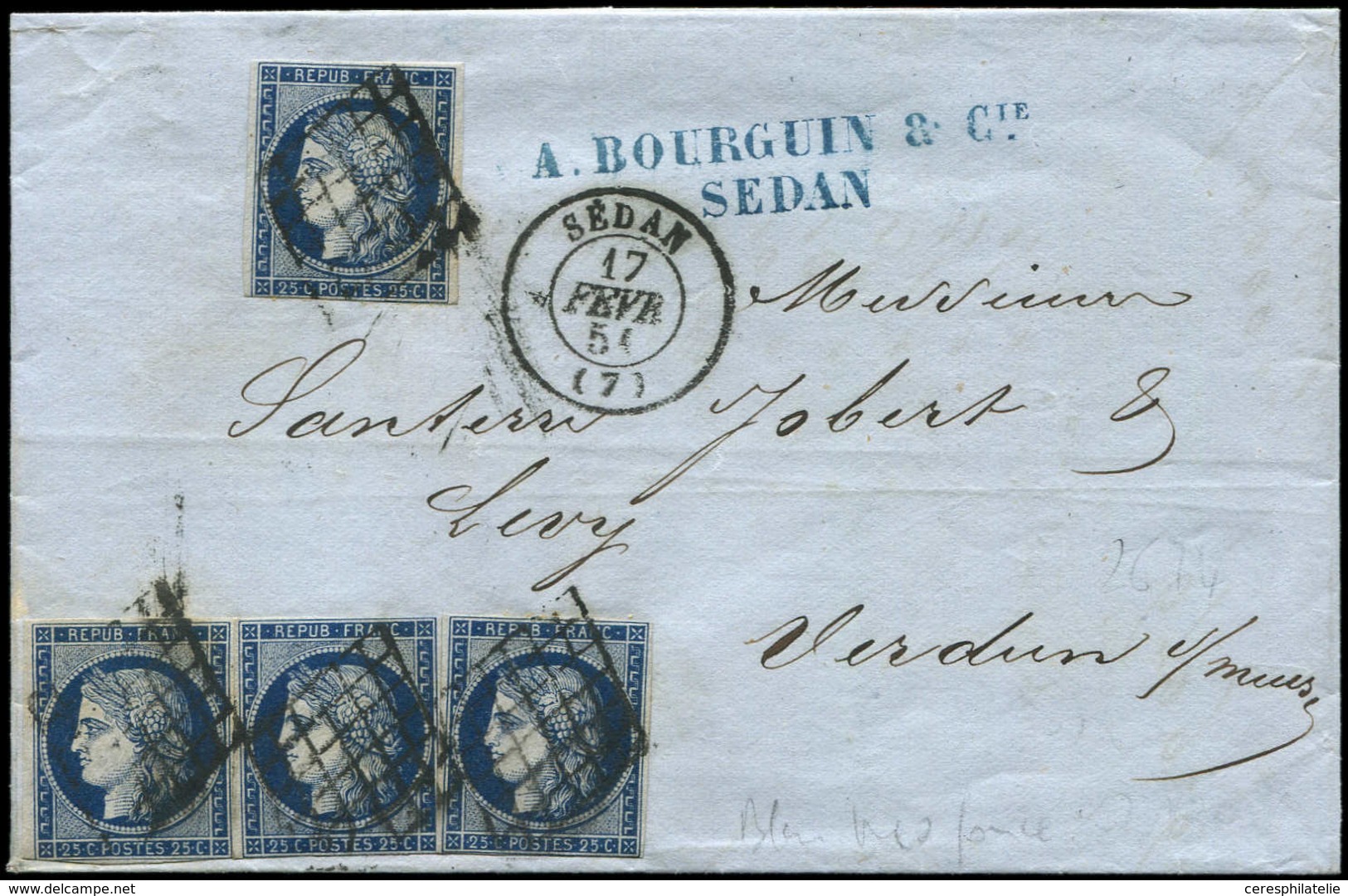 Let EMISSION DE 1849 4a   25c. Bleu Foncé, 4 Ex. (filets Touchés) Obl. GRILLE S. LAC, Càd T15 SEDAN 17/2/50, TRIPLE Port - 1849-1850 Cérès