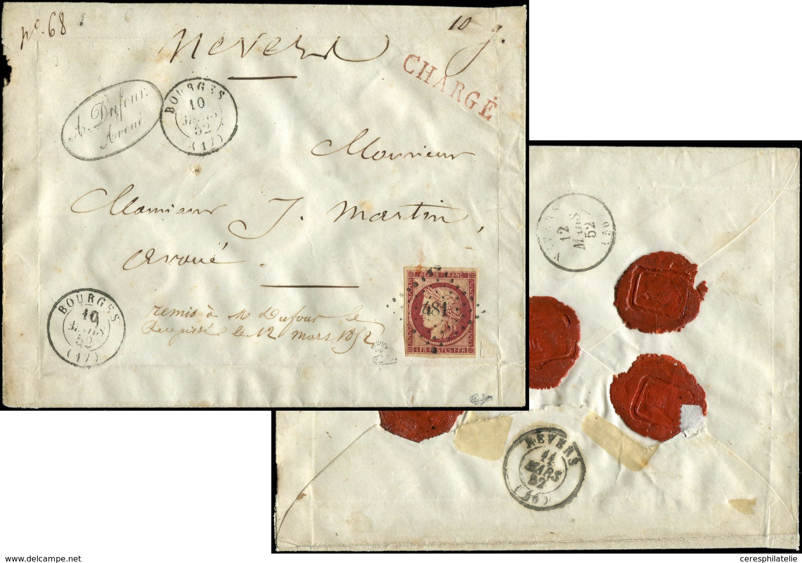 Let EMISSION DE 1849 6     1f. Carmin, Obl. PC 481 S. Env. CHARGE, Càd T15 BOURGES 10/3/52, TTB. C - 1849-1850 Ceres