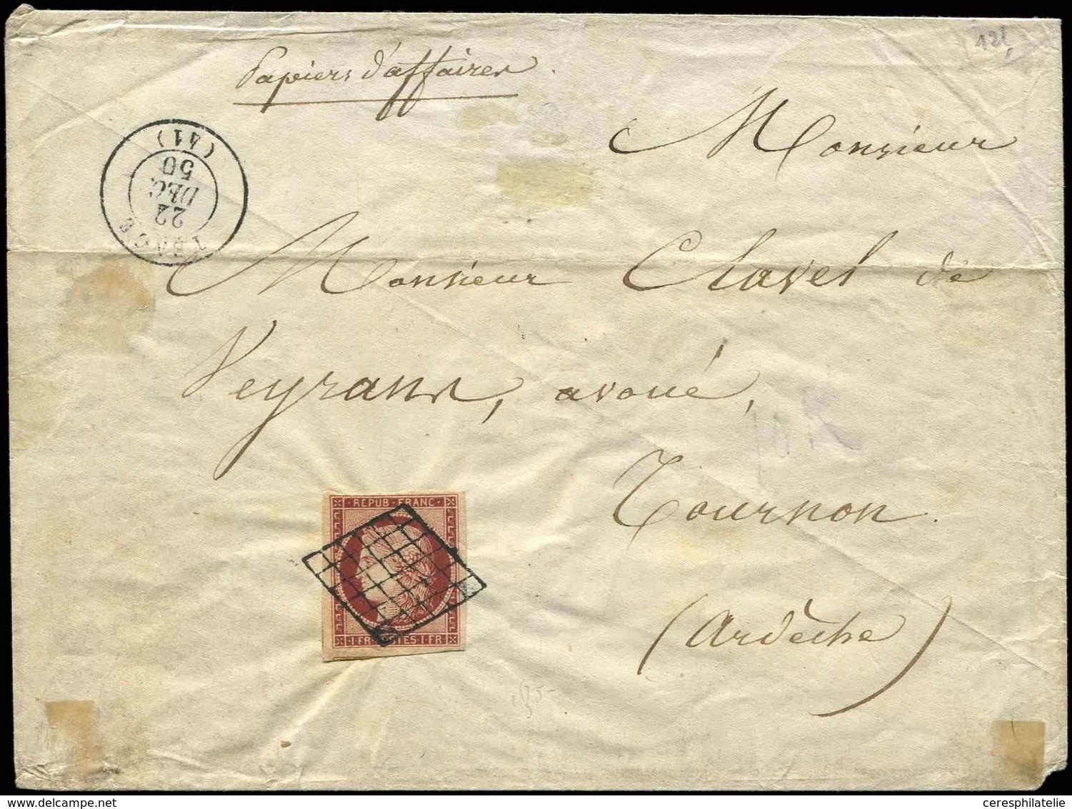 Let EMISSION DE 1849 6     1f. Carmin, Obl. GRILLE S. Env. De Papiers D'affaires, Càd TENCE 22/12/50, TB - 1849-1850 Ceres