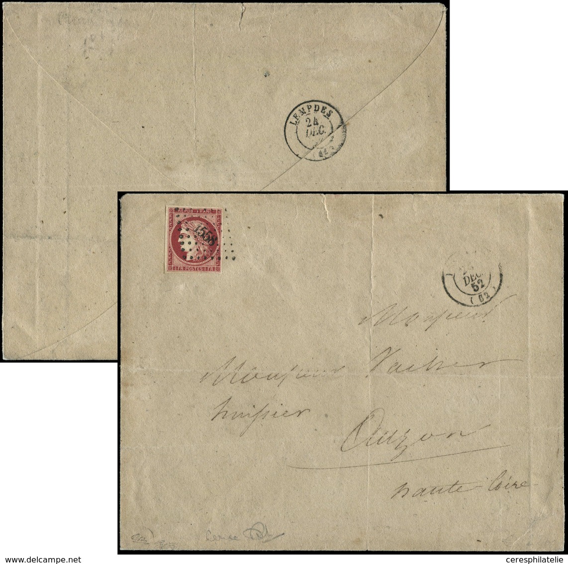 Let EMISSION DE 1849 6d    1f. Carmin CERISE, Obl. PC 1558 Sur Env., Càd T15 (ISSOIRE) 23/12/52, Nuance Rare, TB. C - 1849-1850 Ceres