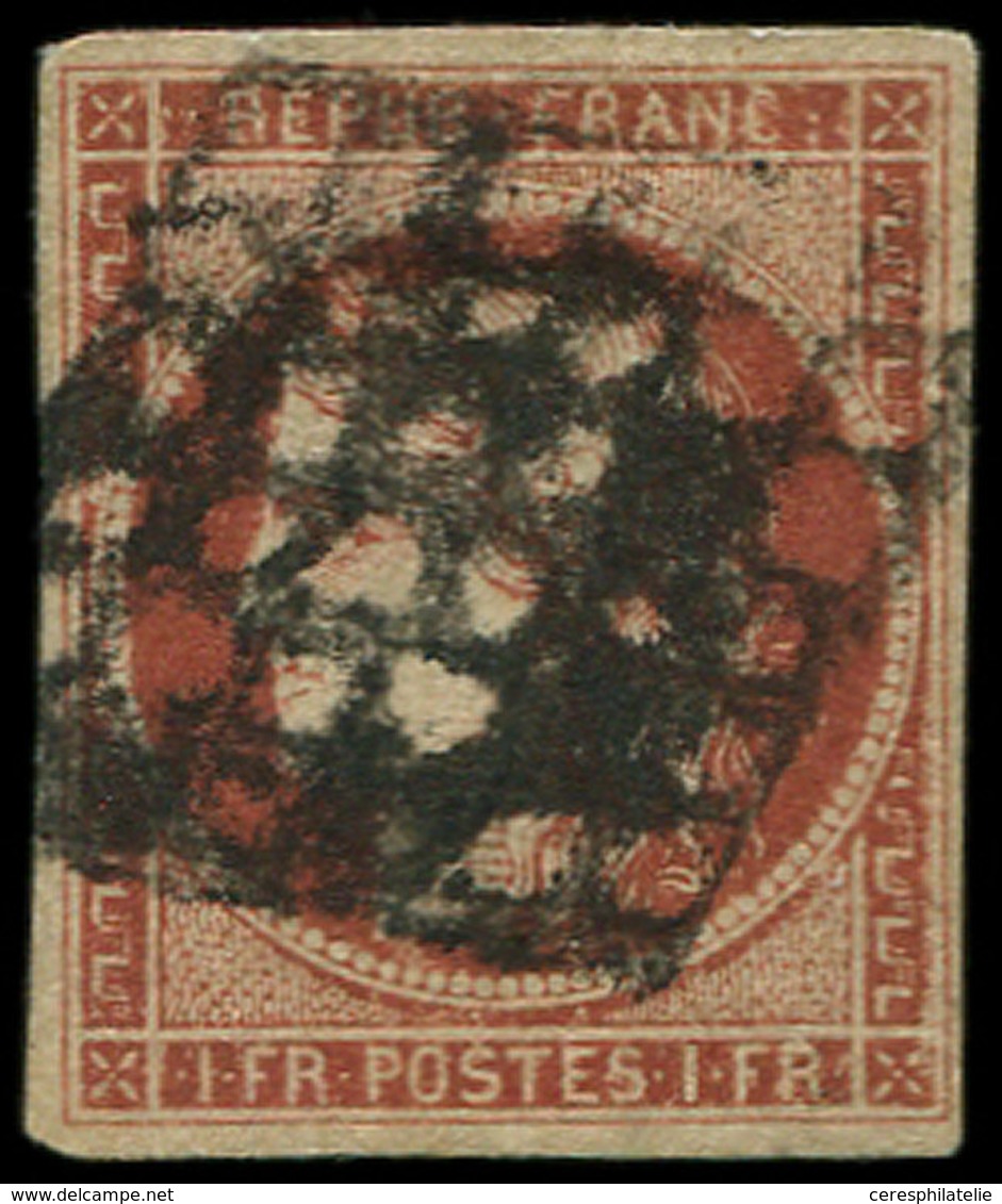 EMISSION DE 1849 7B    1f. Vermillon Terne, Obl. GRILLE, Frappe Lourde, TB, Certif. Scheller - 1849-1850 Cérès