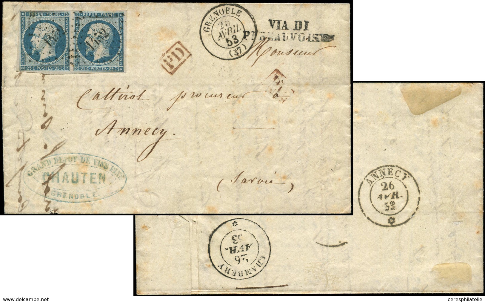 Let PRESIDENCE 10   25c. Bleu, PAIRE Obl. PC 1452 S. LAC, Càd GRENOBLE 25/4/53, Marque VIA DI/PT BEAUVOISIN, Arr. ANNECY - 1852 Louis-Napoléon