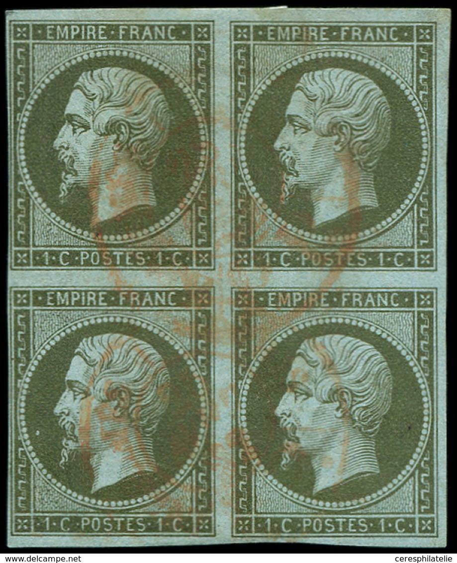 EMPIRE NON DENTELE 11    1c. Olive, BLOC De 4 Obl. Càd ROUGE Des Imprimés, TB. J - 1853-1860 Napoléon III.