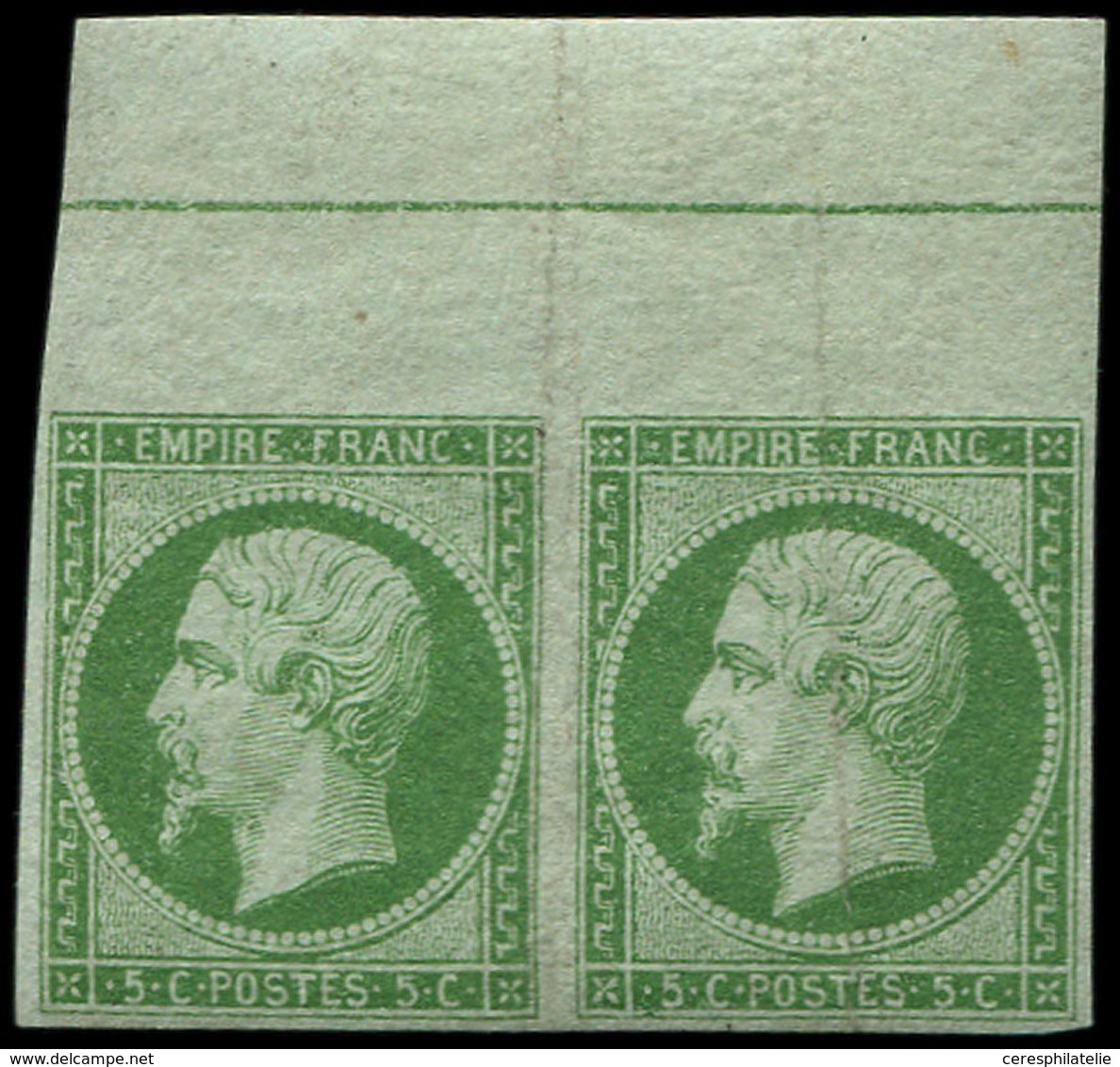 (*) EMPIRE NON DENTELE 12d   5c. Vert, PAIRE Bdf Avec FILET D'ENCADREMENT, Gno, Remargé à G. Et Pli Vertical, Néanmoins  - 1853-1860 Napoléon III