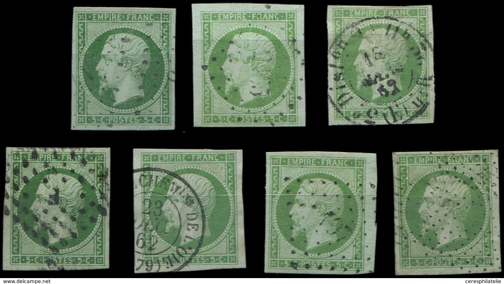 EMPIRE NON DENTELE 12    5c. Vert, 7 Ex., Oblitérations Et Nuances Diverses, Aspect TTB Pour La Plupart - 1853-1860 Napoléon III.