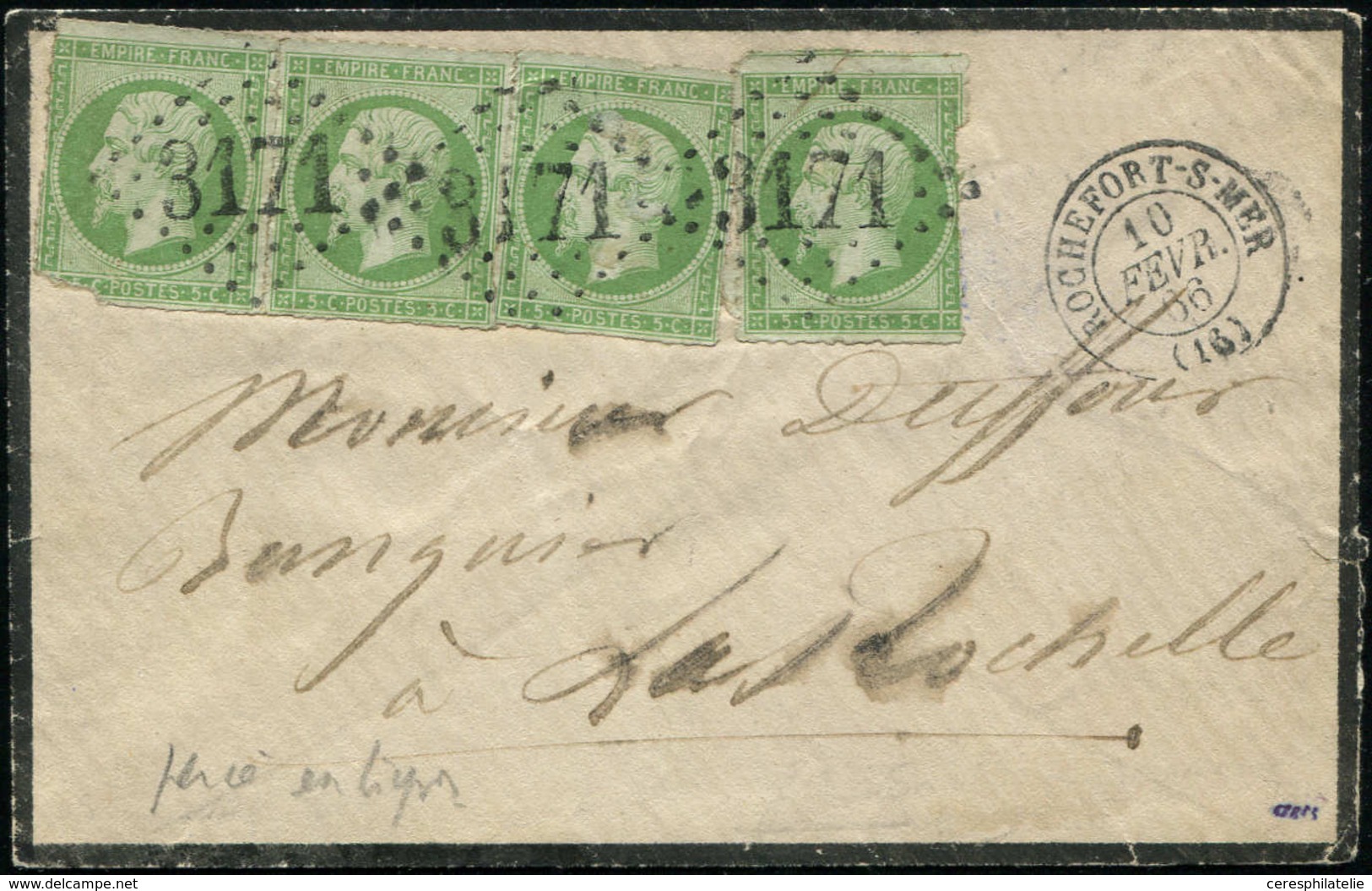 Let EMPIRE NON DENTELE 12    5c. Vert, PERCE EN LIGNES, 4 Ex. (2 Très Défx), Obl. GC 3171 S. Env., Càd ROCHEFORT-S-MER 1 - 1853-1860 Napoléon III