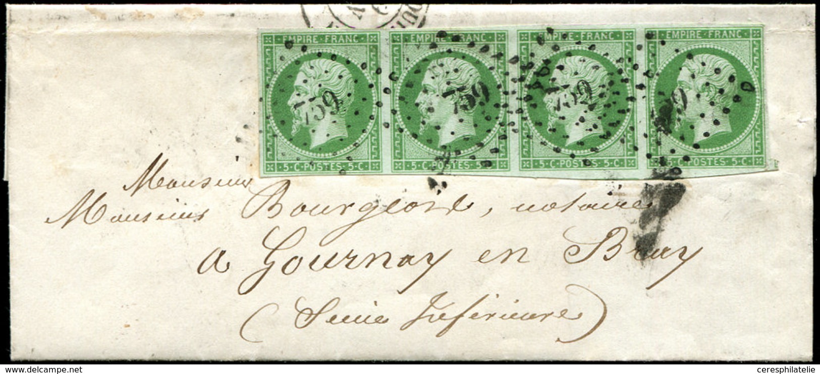 Let EMPIRE NON DENTELE 12    5c. Vert, BANDE De 4, Obl. PC 759 S. LSC, TTB - 1853-1860 Napoléon III