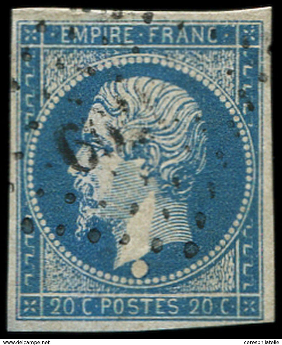 EMPIRE NON DENTELE 14A  20c. Bleu, T I, Variété BOULE SOUS Le COU, Obl. PC, TB, Certif. Calves - 1853-1860 Napoléon III