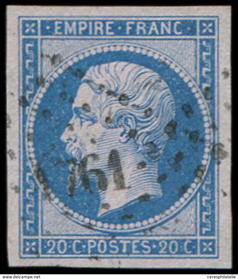EMPIRE NON DENTELE 14Bb 20c. Bleu Sur Lilas, T II, Obl. PC 1761, TTB. Br - 1853-1860 Napoléon III.
