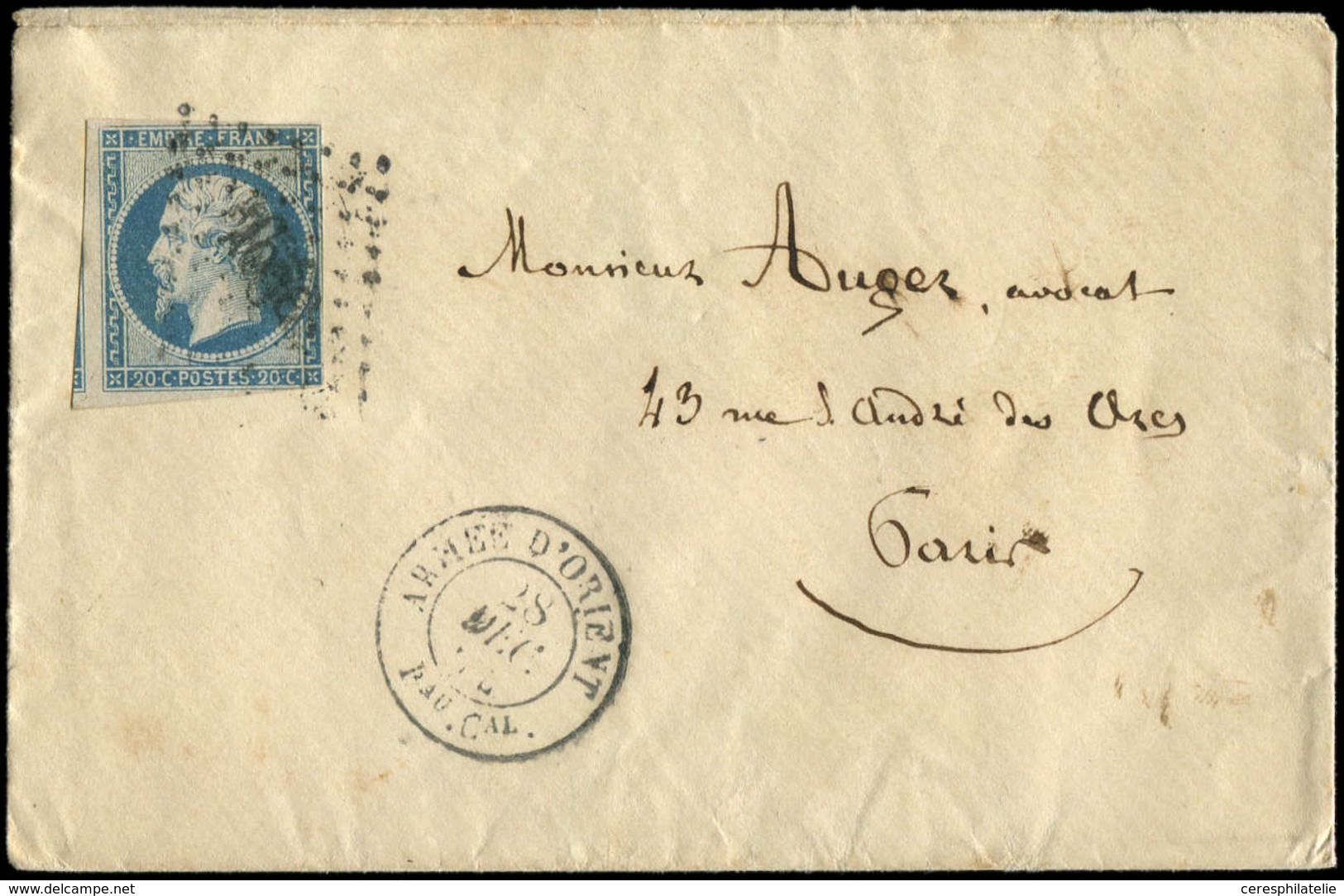 Let EMPIRE NON DENTELE 14A  20c. Bleu Touché Obl. AOBC S. Env., Càd ARMEE D'ORIENT/BAU.Cal 28/12/(54), B/TB - 1853-1860 Napoléon III