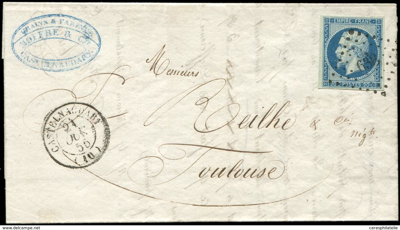 Let EMPIRE NON DENTELE 14Ad 20c. Bleu Sur Vert, T I, Obl. PC 638 Sur LAC, Càd CASTELNAUDARY 21/6/55, TB/TTB - 1853-1860 Napoléon III