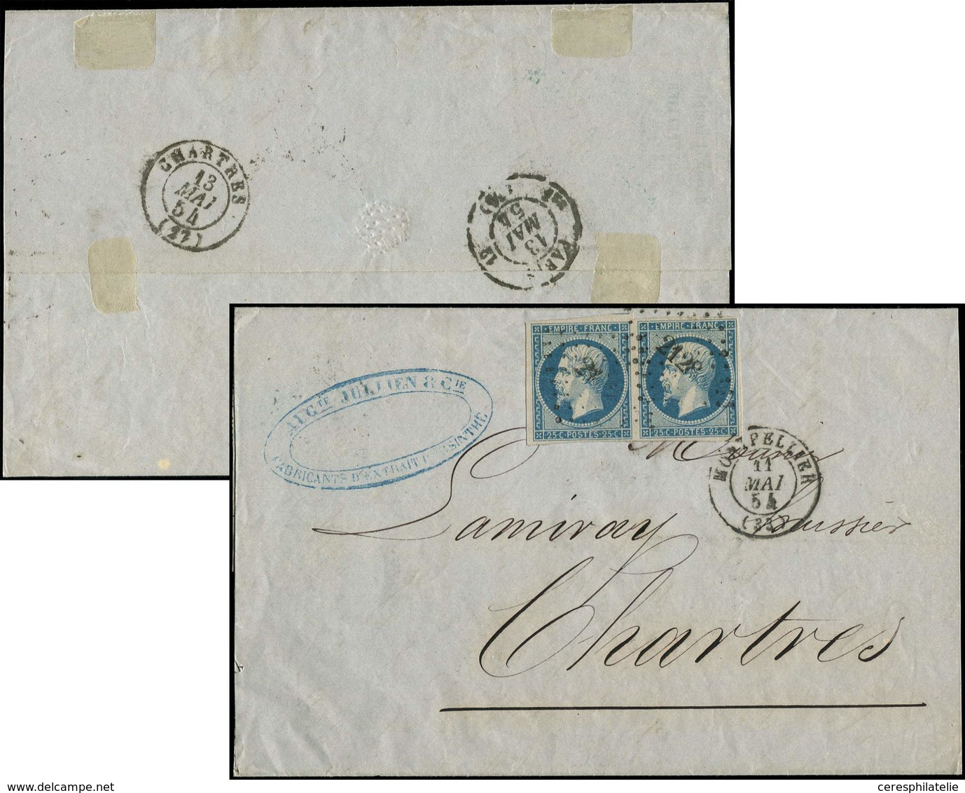 Let EMPIRE NON DENTELE 15   25c. Bleu, PAIRE Obl. PC 2128 S. LSC, Càd T15 MONTPELLIER 11/5/54, Arr. CHARTRES 13/5, TB/TT - 1853-1860 Napoleon III