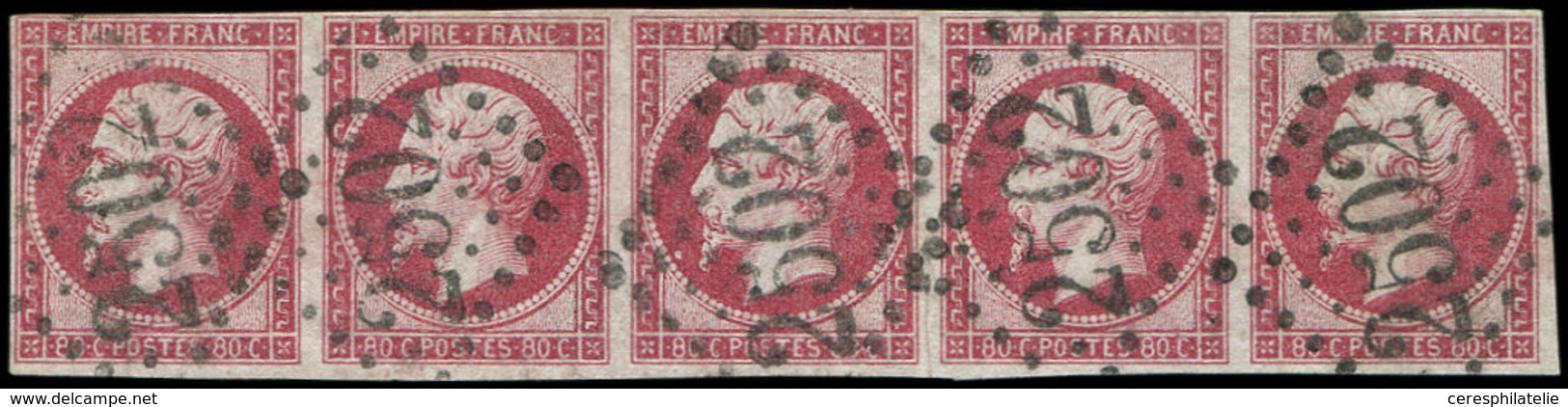 EMPIRE NON DENTELE 17B  80c. Rose, BANDE De 5 Obl. GC 2502, Fente Entre 2 Timbres, TB. C - 1853-1860 Napoléon III