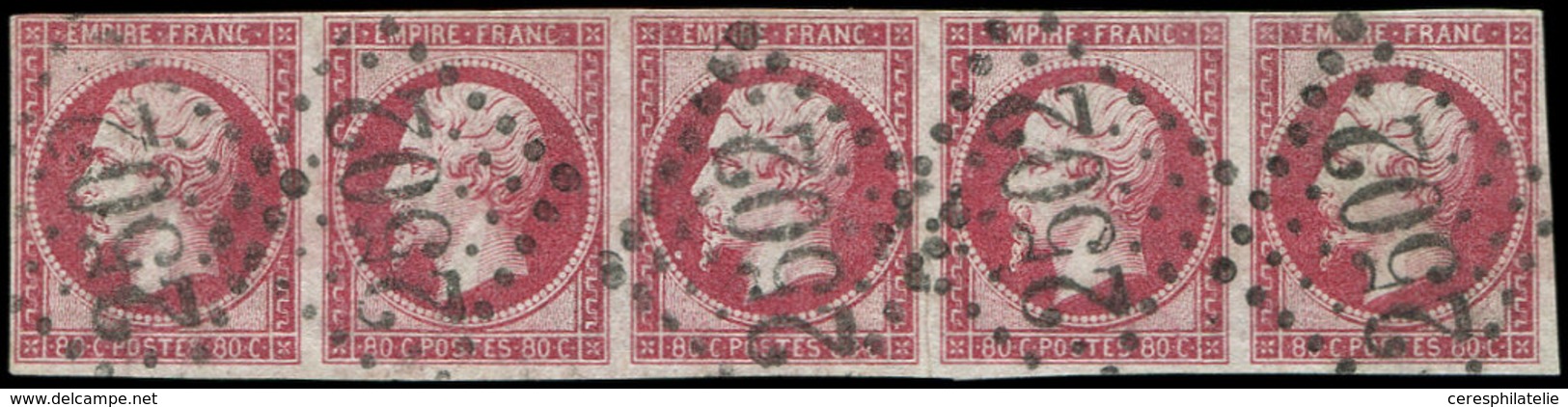 EMPIRE NON DENTELE 17B  80c. Rose, BANDE De 5 Obl. GC 2502, Fente Entre 2 Timbres, TB. C - 1853-1860 Napoleon III