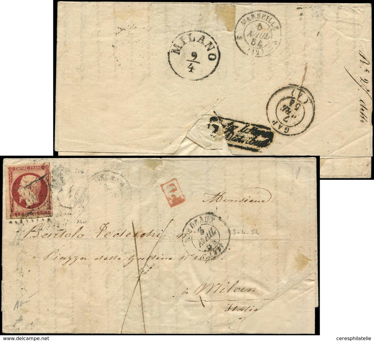 Let EMPIRE NON DENTELE 18    1f. Carmin, Obl. PC 441 S. LAC, Càd BORDEAUX 3/4/54, Arr. MILAN Le 9/4, TB - 1853-1860 Napoleon III