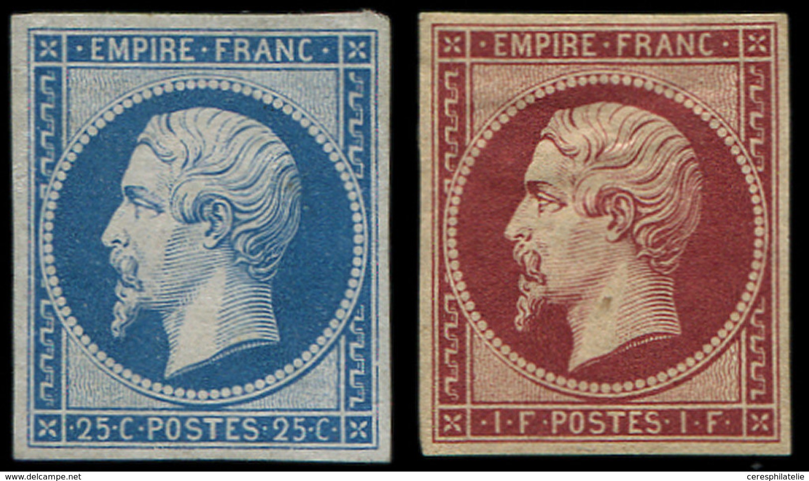 (*) EMPIRE NON DENTELE R15c Et R18d, 25c. Bleu Et 1f. Carmin, REIMPRESSIONS, TB - 1853-1860 Napoleon III