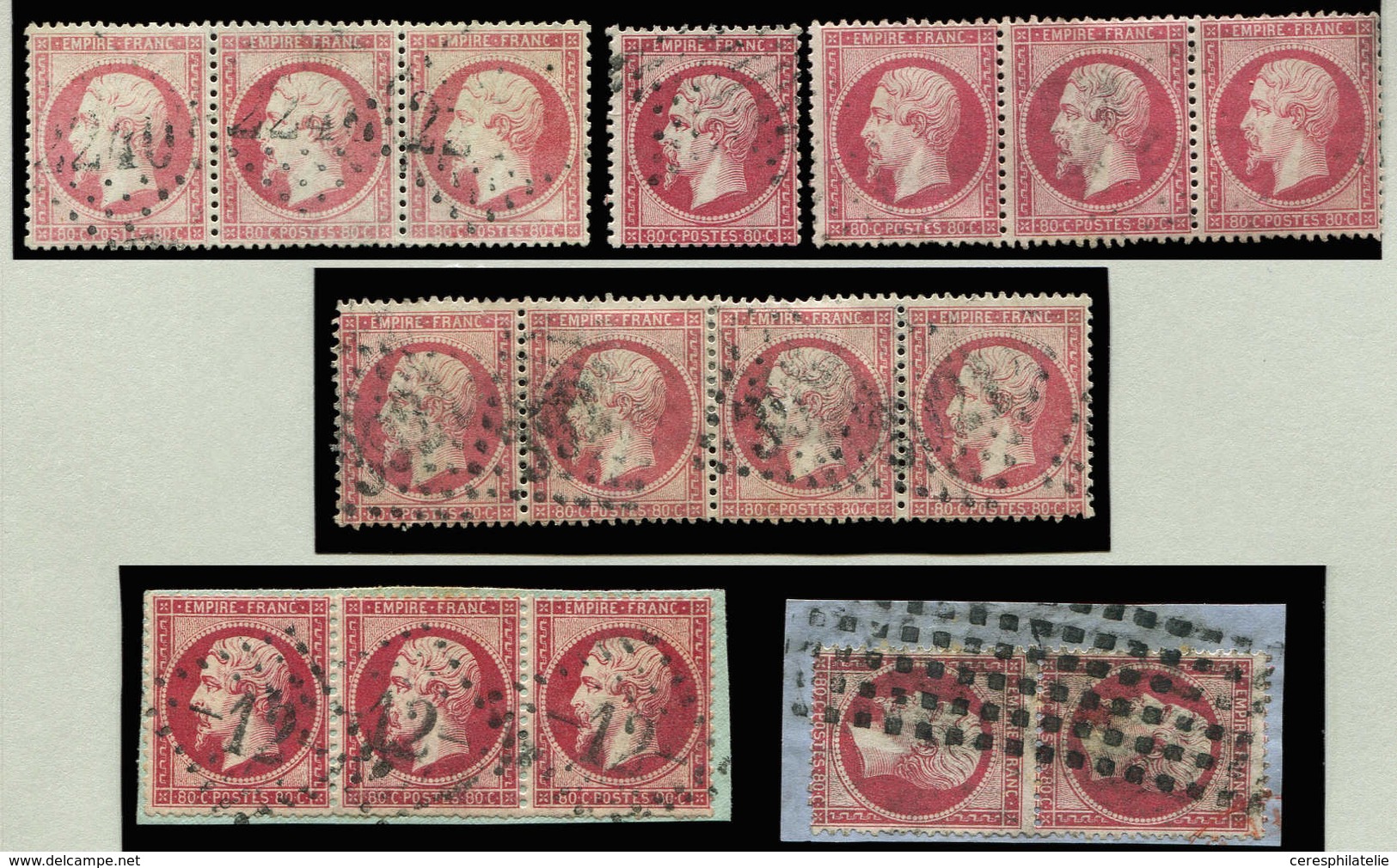 EMPIRE DENTELE 24   80c. Rose, Une Unité, Une Paire, 3 Bandes De 3 Et Une Bande De 4, Obl., TB - 1862 Napoléon III