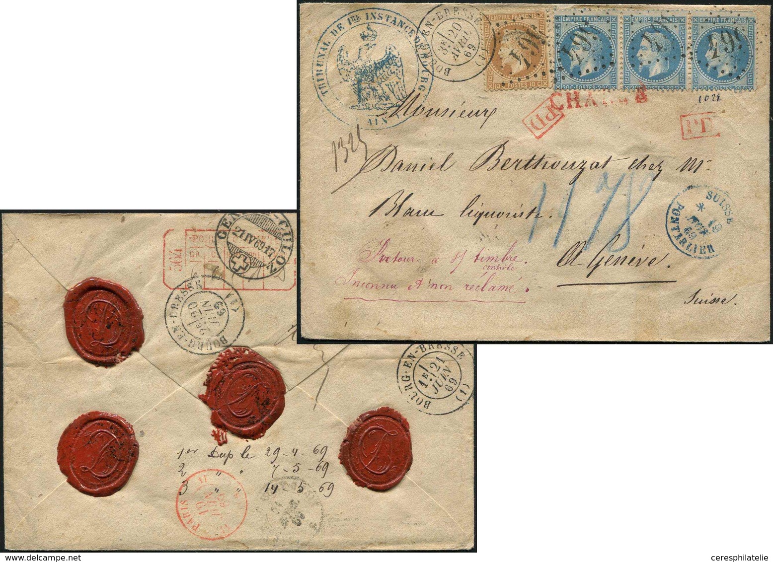 Let EMPIRE LAURE 28A Et 29B, 10c. Bistre T I Et 20c. Bleu T II BANDE De 3, Obl. GC 564 S. Env. CHARGE Du Tribunal, Càd B - 1863-1870 Napoleon III With Laurels