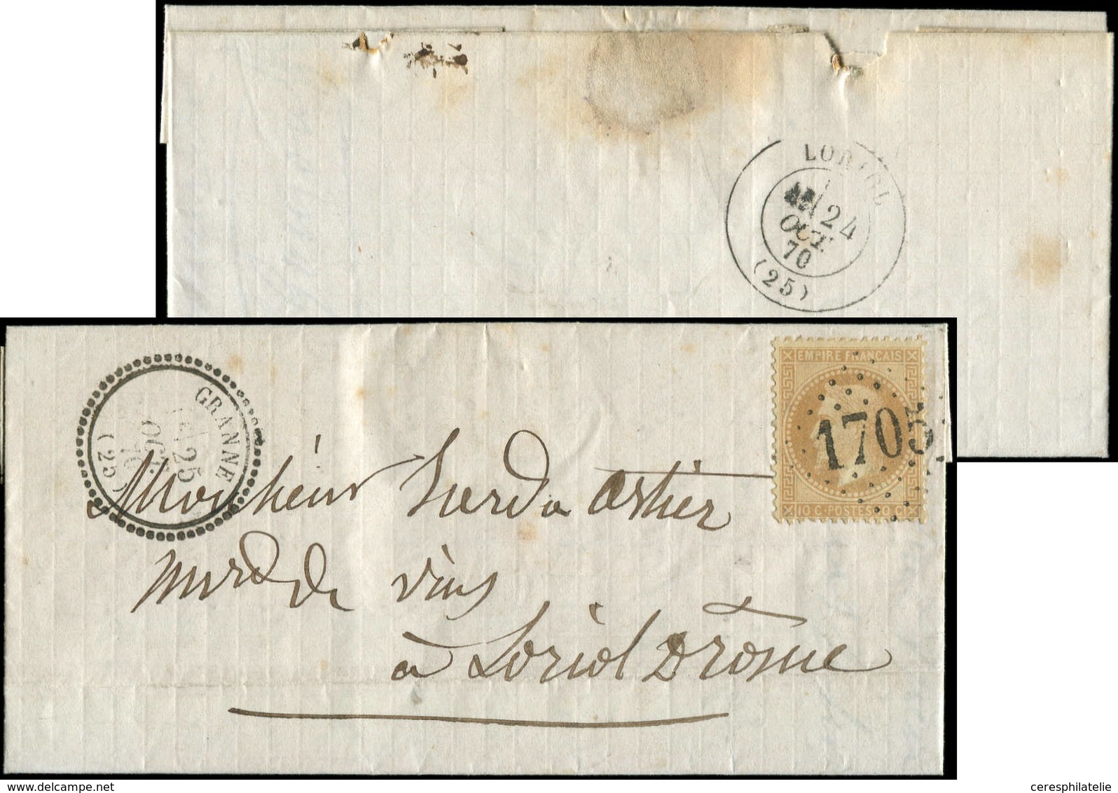 Let EMPIRE LAURE 28B  10c. Bistre, T II, Obl. GC 1705 S. LAC, Càd T16 GRANNE 25/10/70, Arr. LORIOL 24/10, ERREUR De Date - 1863-1870 Napoleon III With Laurels