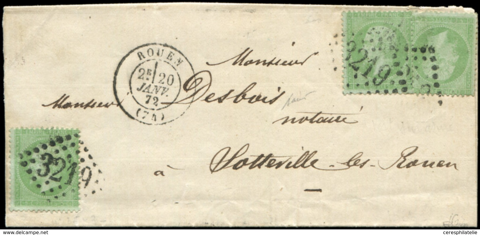 Let EMPIRE LAURE 35    5c. Vert Pâle Sur Bleu, 3 Ex. Obl. GC 3219 S. LSC, Càd T17 ROUEN 20/1/72, TTB. J - 1863-1870 Napoleon III With Laurels