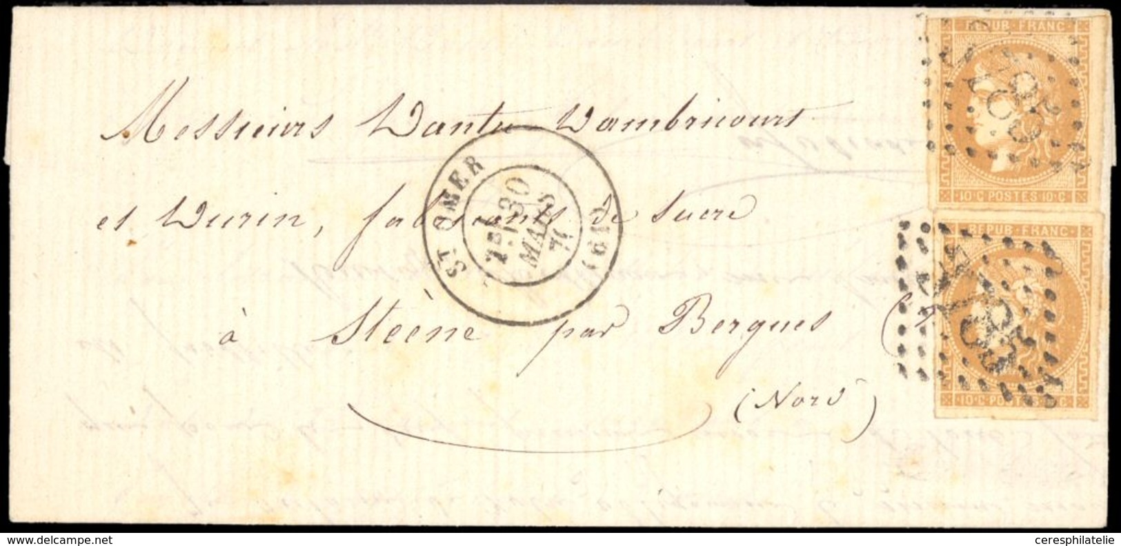 Let EMISSION DE BORDEAUX 43A  10c. Bistre, R I (2) Obl. GC 3785 S. LSC, Càd T17 ST OMER 30/3/71, TB - 1870 Emission De Bordeaux