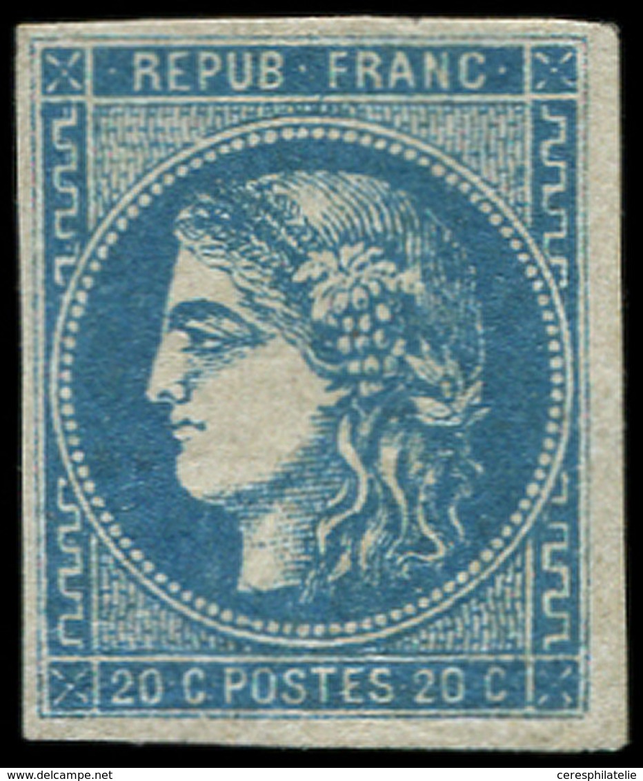* EMISSION DE BORDEAUX 46A  20c. Bleu, T III, R I, TB, Certif. Raybaudi - 1870 Emission De Bordeaux