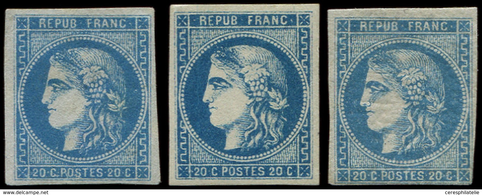 (*) EMISSION DE BORDEAUX 46B  20c. Bleu, T III, R II, 3 Ex. Nuances Diff. G.n.o., TB - 1870 Emission De Bordeaux