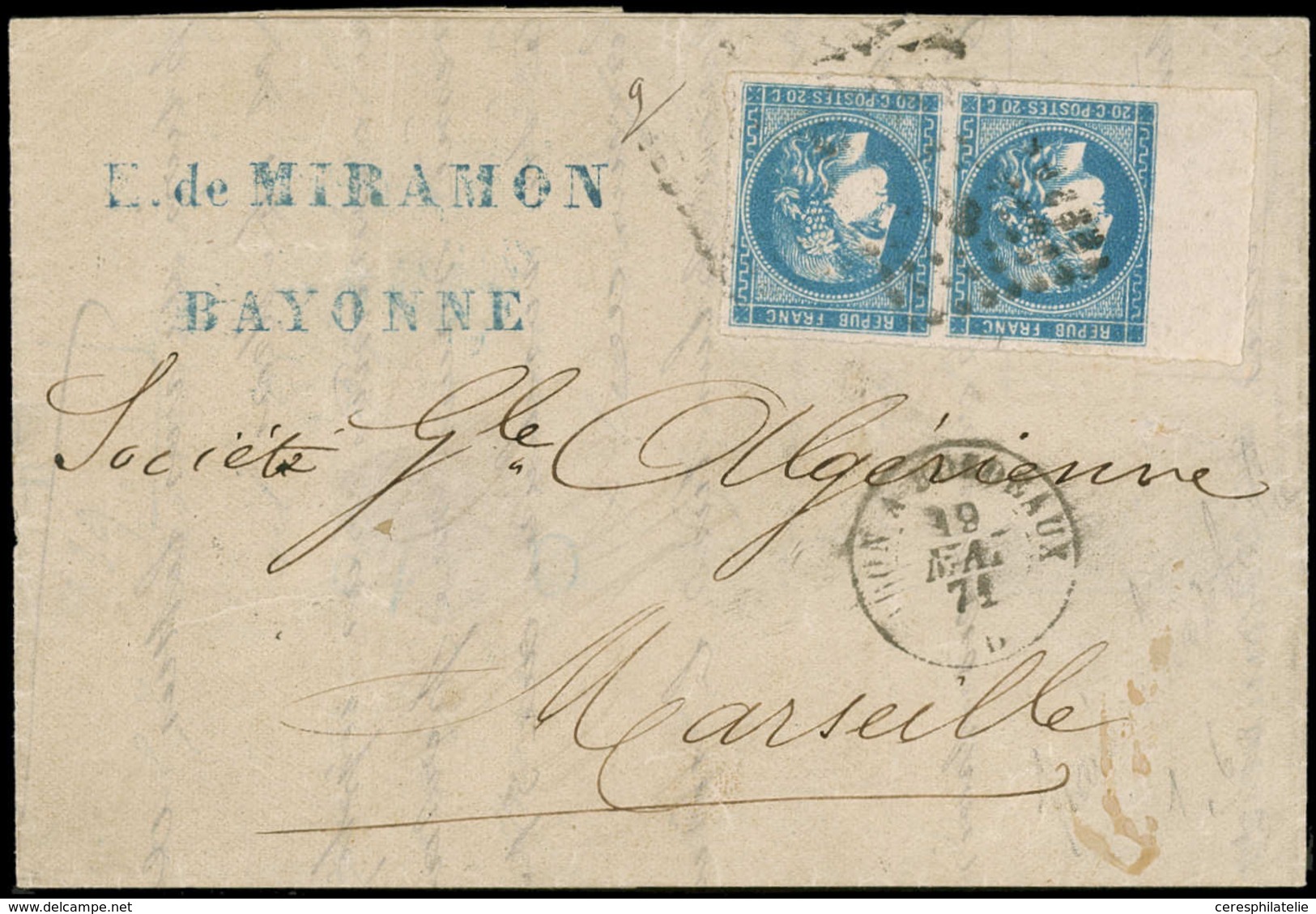 Let EMISSION DE BORDEAUX 46Ba 20c. Bleu Foncé, T III, R II, PAIRE Bdf Obl. Amb. S. LAC, Càd Irun à Bordeaux 19/5/71, TB - 1870 Emission De Bordeaux