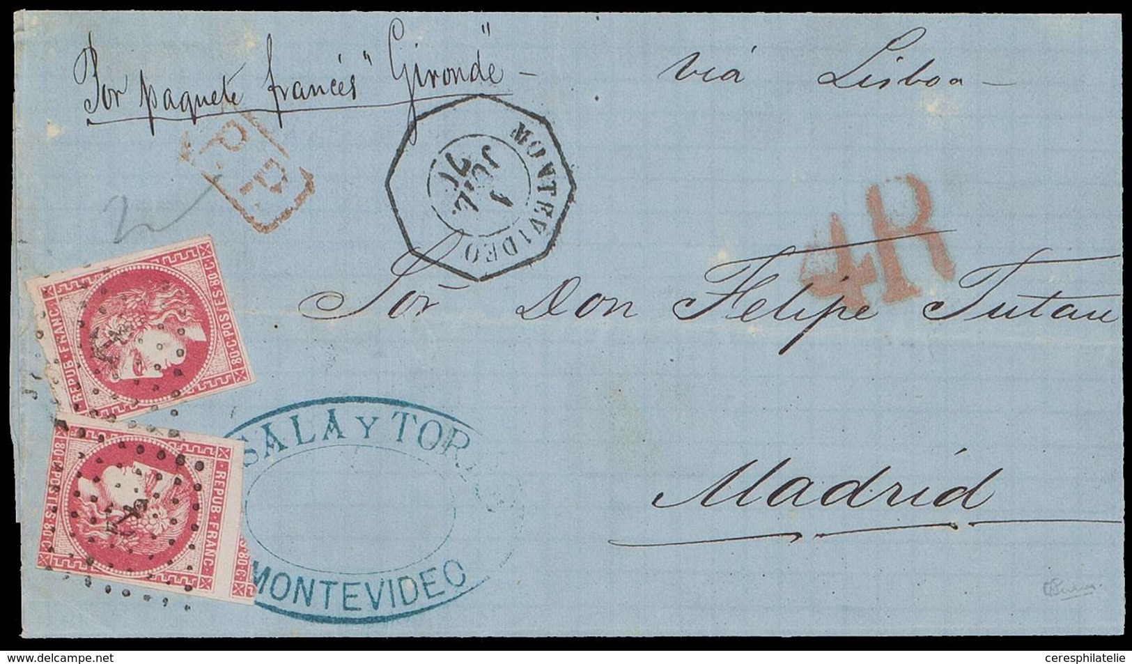 Let EMISSION DE BORDEAUX 49   80c. Carmin (2 Dont Un Juste En Bas) Obl. ANCRE S. LSC, Cachet PP Rouge, Càd Octog. MONTEV - 1870 Bordeaux Printing