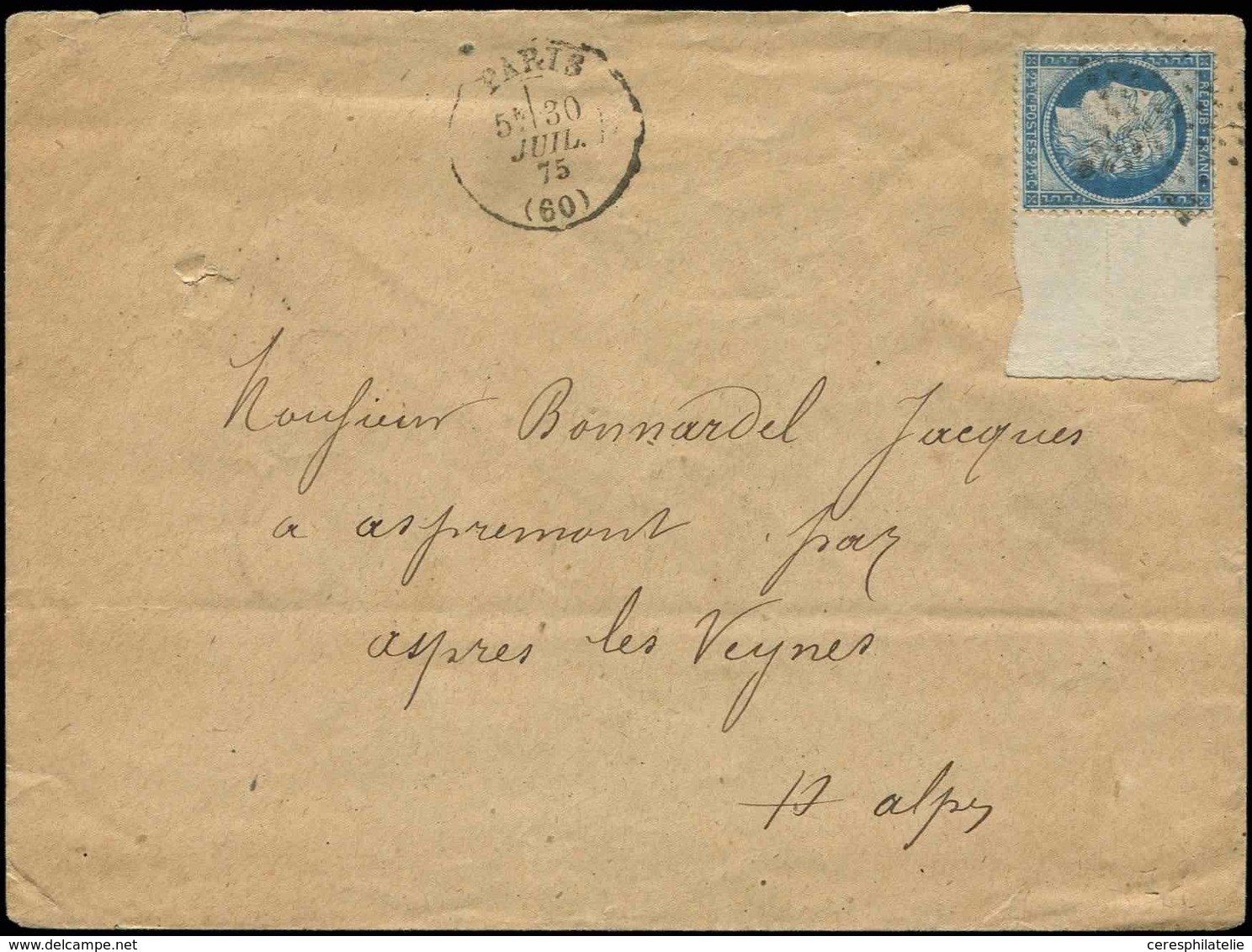 Let CERES DENTELE 60C  25c. Bleu, T III, Grand BORD De FEUILLE, Obl. Etoile S. Env., Càd Paris 30/7/75, TB - 1849-1876: Période Classique