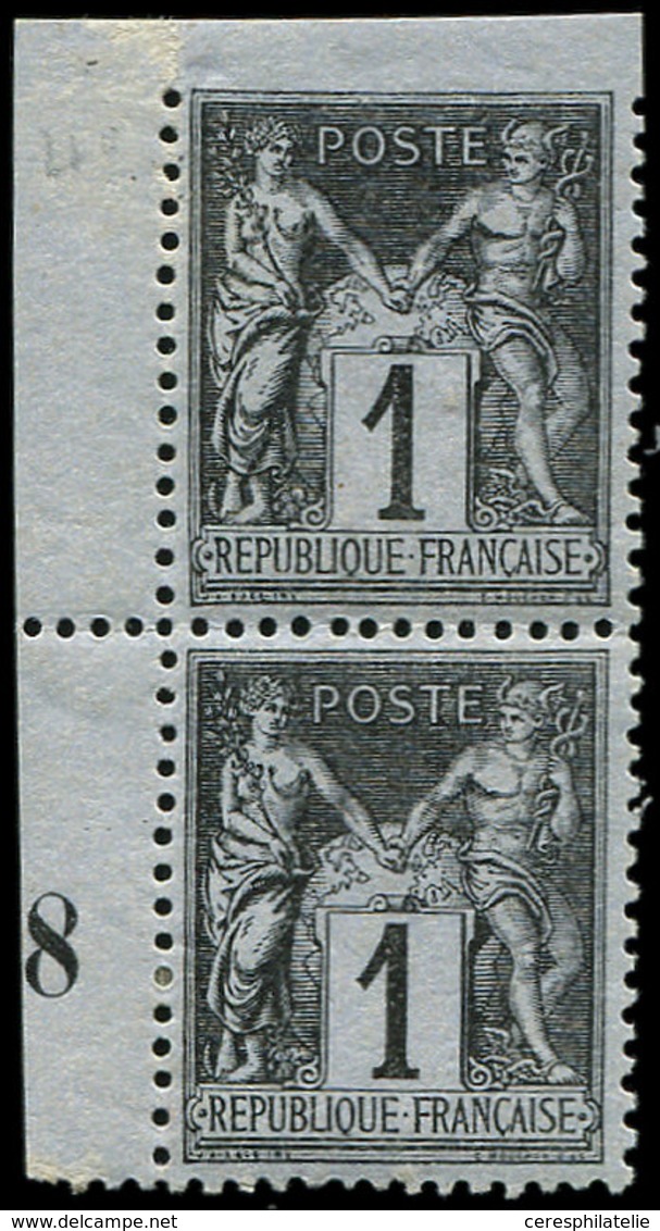 * TYPE SAGE 83    1c. Noir Sur Azuré, PAIRE Verticale Petit Cdf, Un Ex. Dentelé 3 Côtés, TB - 1876-1878 Sage (Type I)