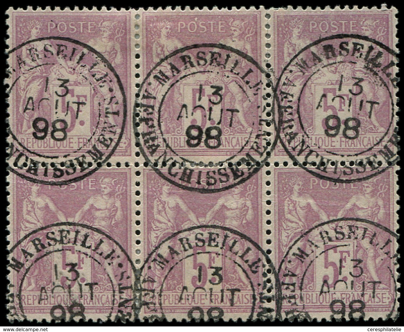 TYPE SAGE 95    5f. Violet Sur Lilas, BLOC De 6 Obl. Càd MARSEILLE/AFFRANCHISSEMENTS 13/8/98, Frappe Superbe - 1876-1878 Sage (Type I)