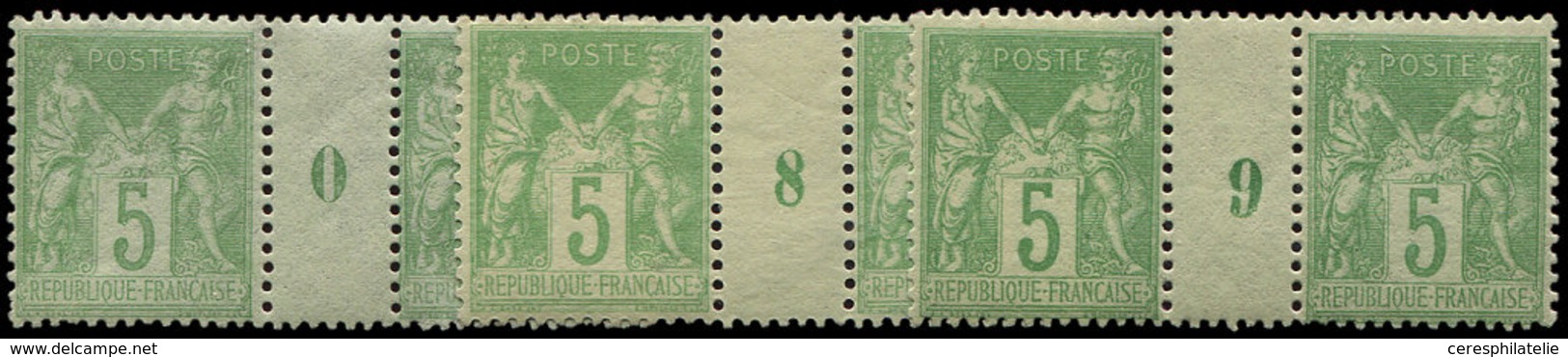 * TYPE SAGE 102   5c. Vert-jaune, 3 PAIRES Mill.8, 9 Et 0, 3 Ex. **, TB - 1876-1878 Sage (Typ I)