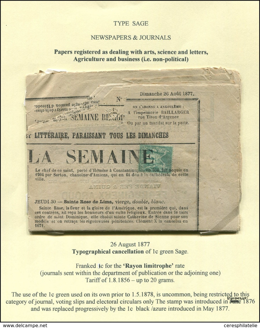 Let TYPE SAGE SUR LETTRES N°61 Obl. TYPO Sur LA SEMAINE RELIGIEUSE Du 26/8/77 (qqs Défauts), RR Et TB - 1877-1920: Période Semi Moderne