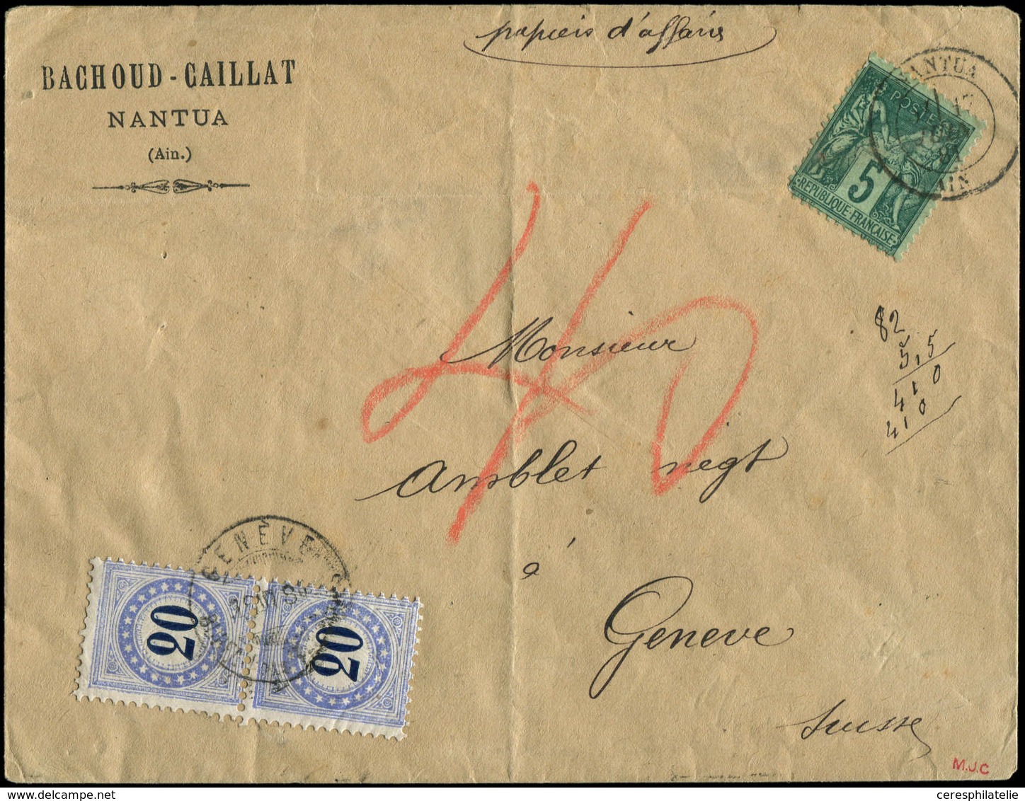 Let TYPE SAGE SUR LETTRES N°75 Obl. Càd NANTUA 17/7/81 S. Env. Papiers D'affaires, Taxée En Suisse à 40Rp. (20 + 20) Obl - 1877-1920: Période Semi Moderne