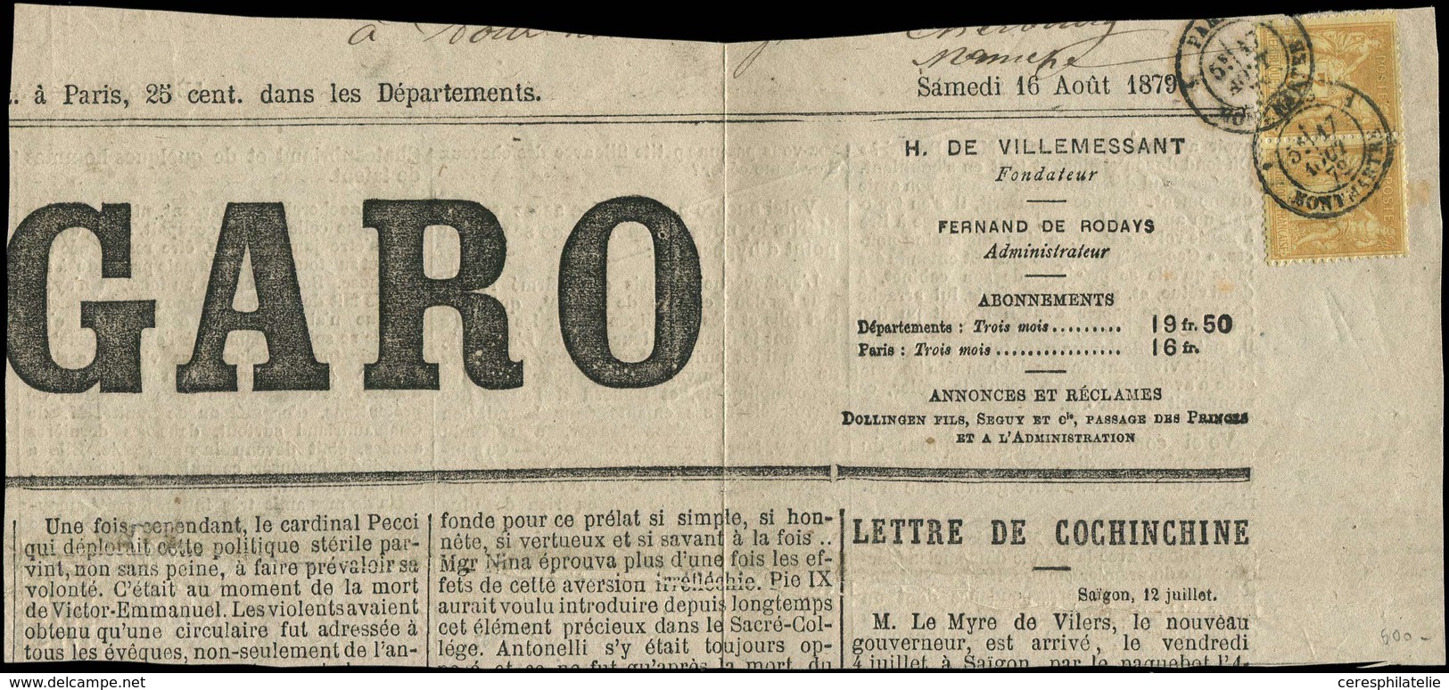 Let TYPE SAGE SUR LETTRES N°86 PAIRE (1 Ex. Défx), Obl. PARIS 17/8/79 S. Grand Fragt De Journal "LE FIGARO" Du 16/8, B/T - 1877-1920: Période Semi Moderne