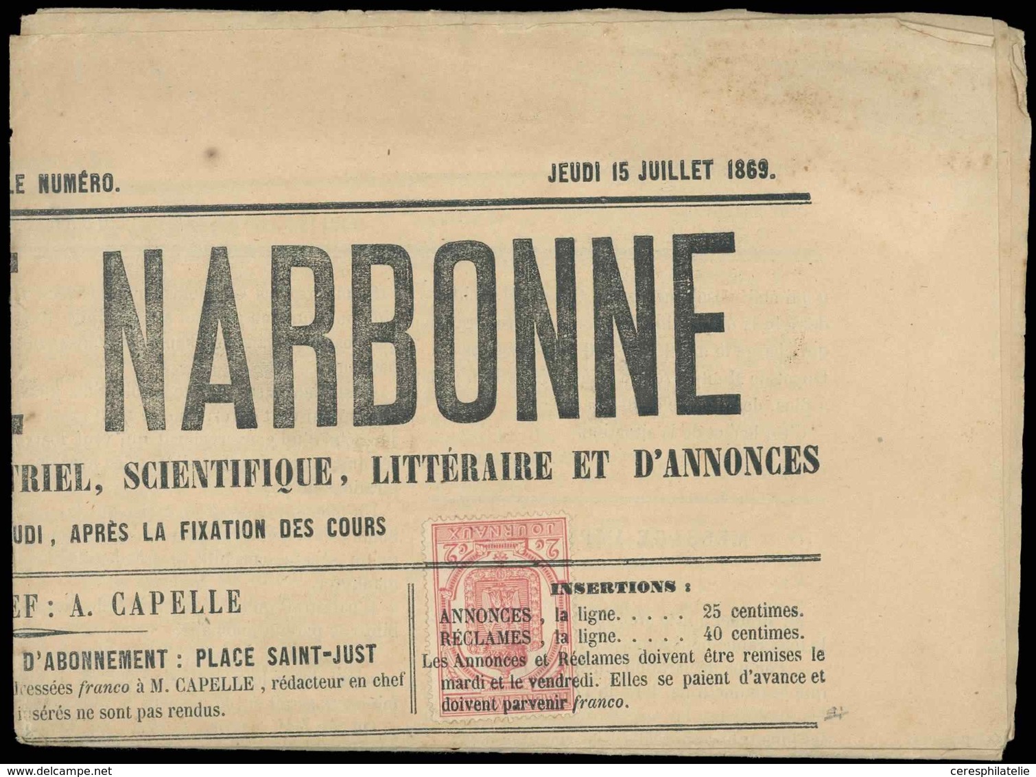 Let JOURNAUX  9 : 2c. Rose, Obl. Sur Journal LE COURRIER De NARBONNE Du 15/7/69, TB, Cote Cérès - Journaux