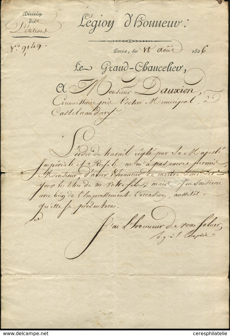 Let LETTRES SANS TIMBRE ET DOCUMENTS DIVERS Document De L'Ordre De La Légion D'Honneur De 1807 Signé Lacépède, TB - Autres & Non Classés