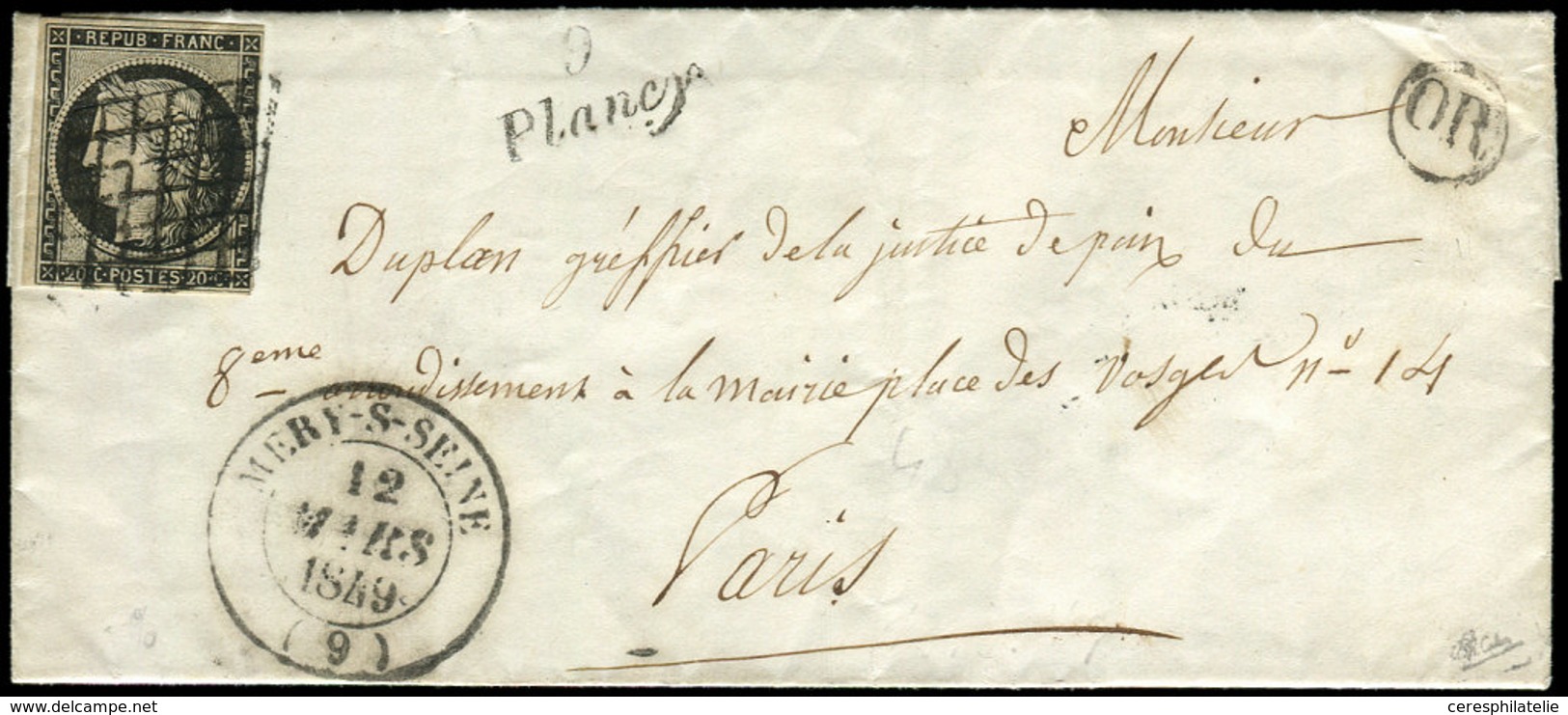 Let OBLITERATIONS PAR DEPARTEMENTS 9/AUBE N°3 Défx Obl. GRILLE S. LAC, Càd T14 MERY-S-SEINE 12/3/49, Cursive 9/PLANCY Et - 1849-1876: Période Classique