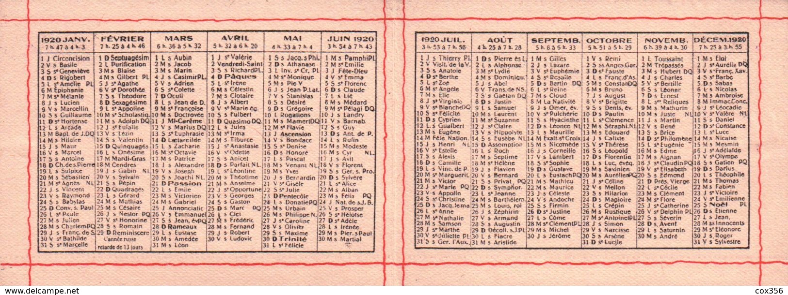 CALENDRIERS 1920 Société Des Foyers De L'Union FRANCO AMÉRICAINE ( Edt COQUENER ) - Formato Piccolo : 1901-20