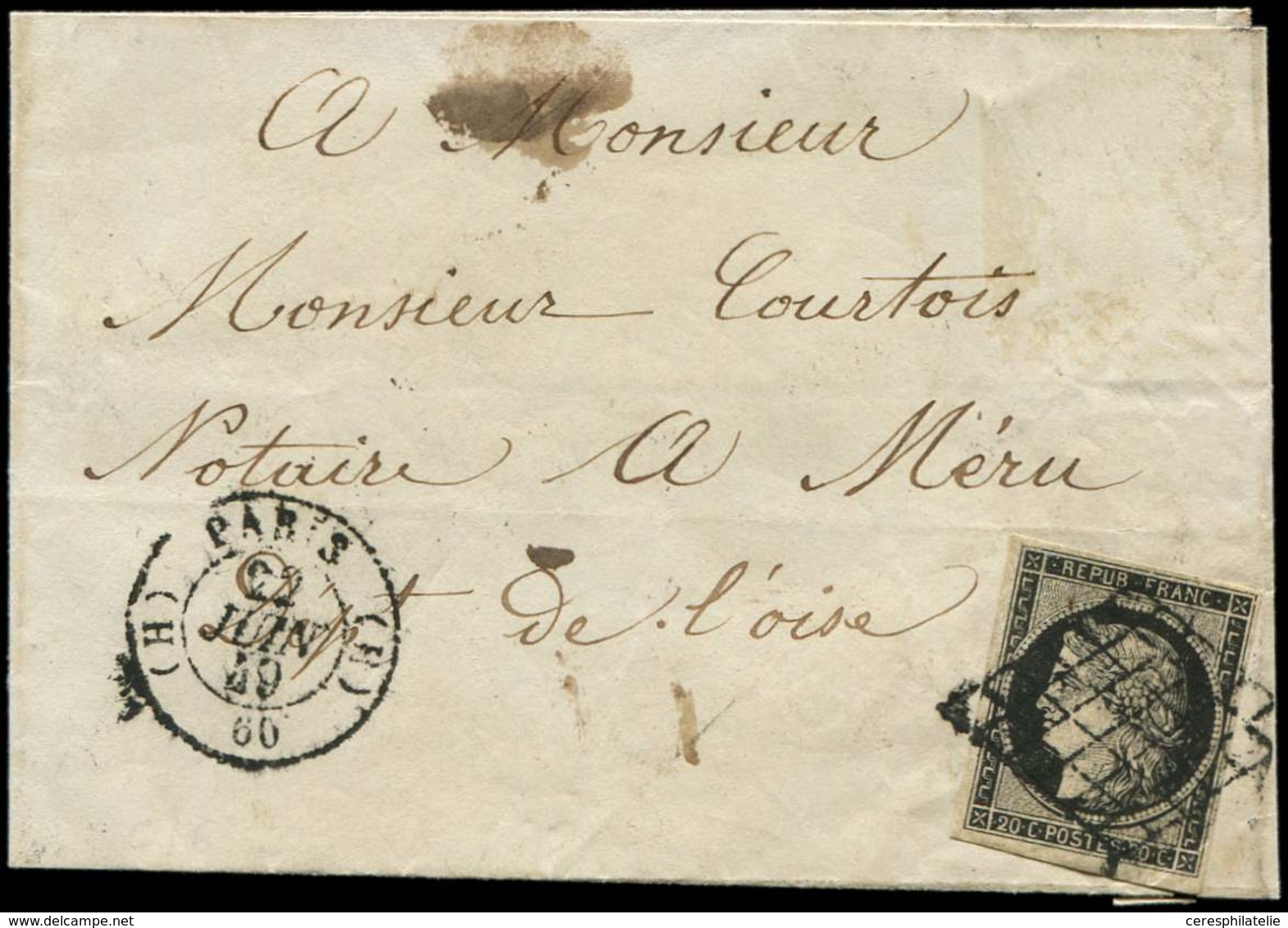 Let LETTRES DE PARIS N°3a Obl. GRILLE S. LSC, Càd T1502 (H) PARIS (H) 22/6/49, TB - 1849-1876: Période Classique