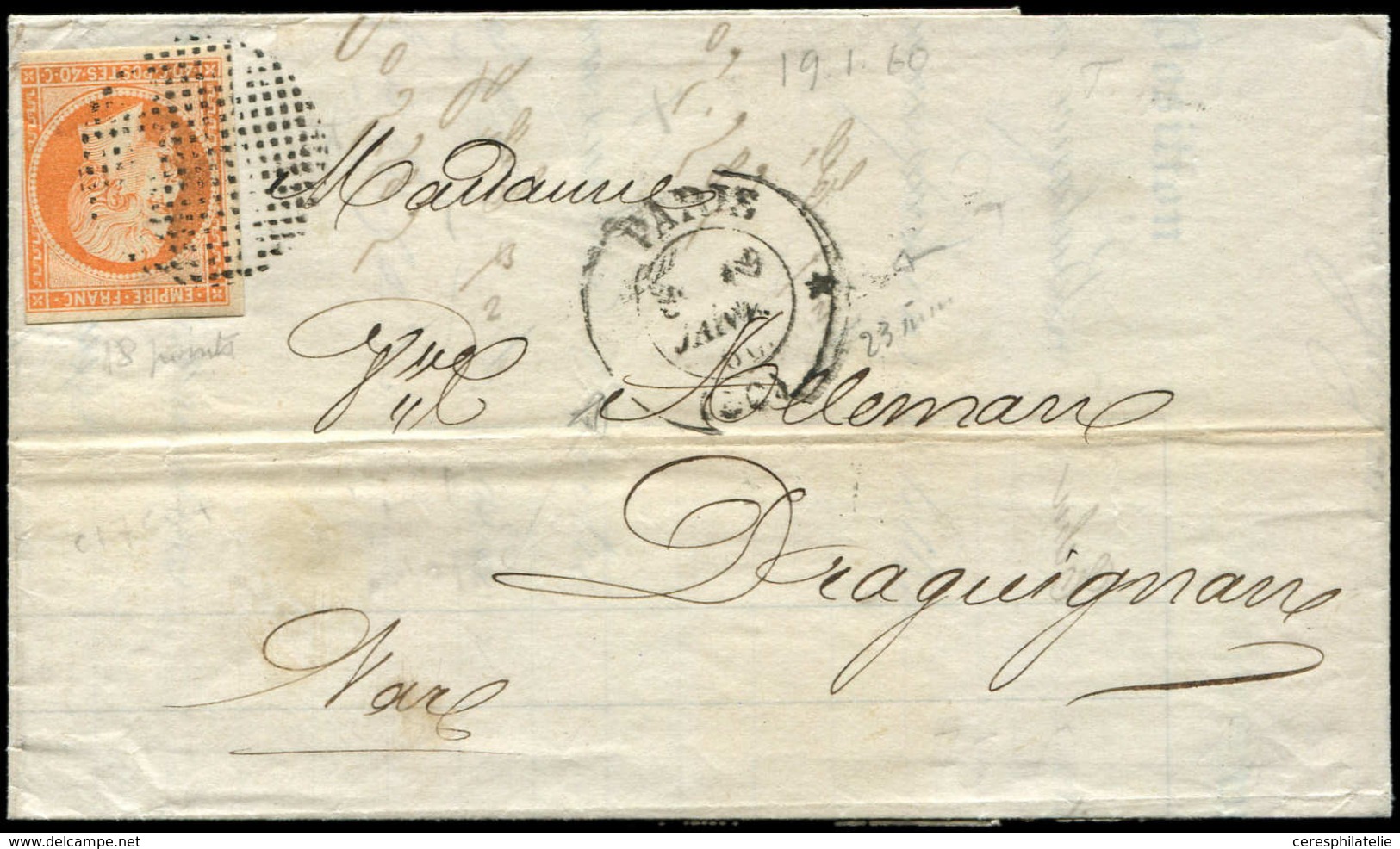 Let LETTRES DE PARIS N°16 Obl. ROND De POINTS S. LAC, Càd PARIS * 19/1/60 (* échoppée à Gauche), TB - 1849-1876: Période Classique