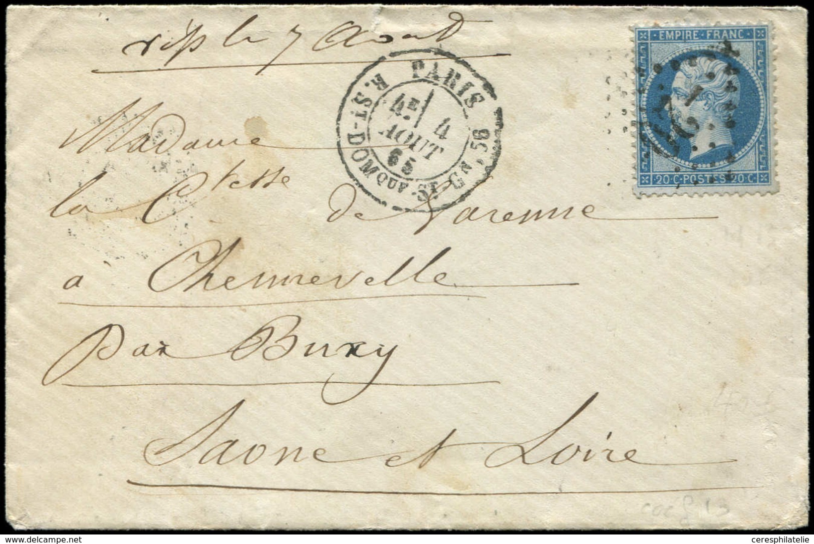 Let LETTRES DE PARIS N°22 Obl. GC 20 S. Env., Càd R. St DOMque-St Gn 56 4/8/65, TB - 1849-1876: Période Classique