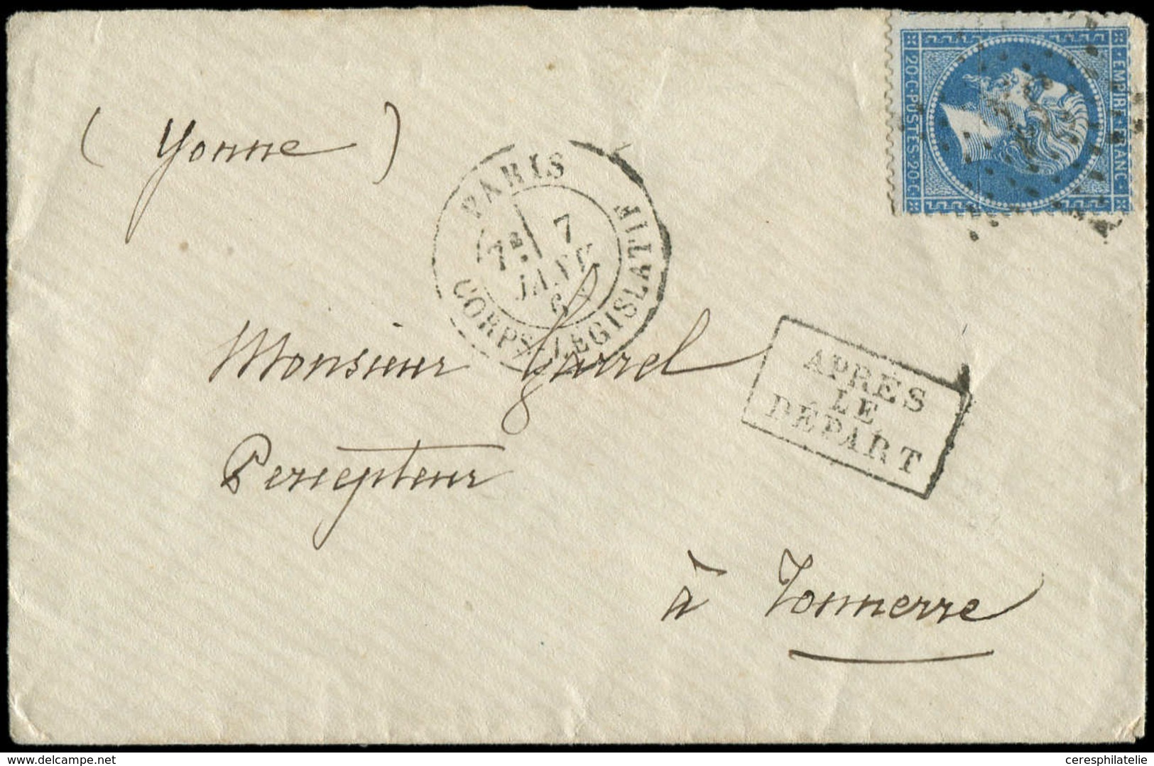 Let LETTRES DE PARIS N°22 Obl. Etoile 31 S. Env., Càd CORPS LEGISLATIF 7/1/68, TB - 1849-1876: Période Classique